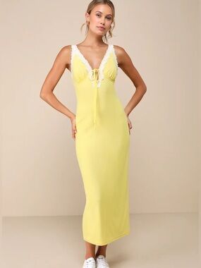 Lulus Ray of Charm Yellow Mesh Lace Sleeveless Midi Dress Size S